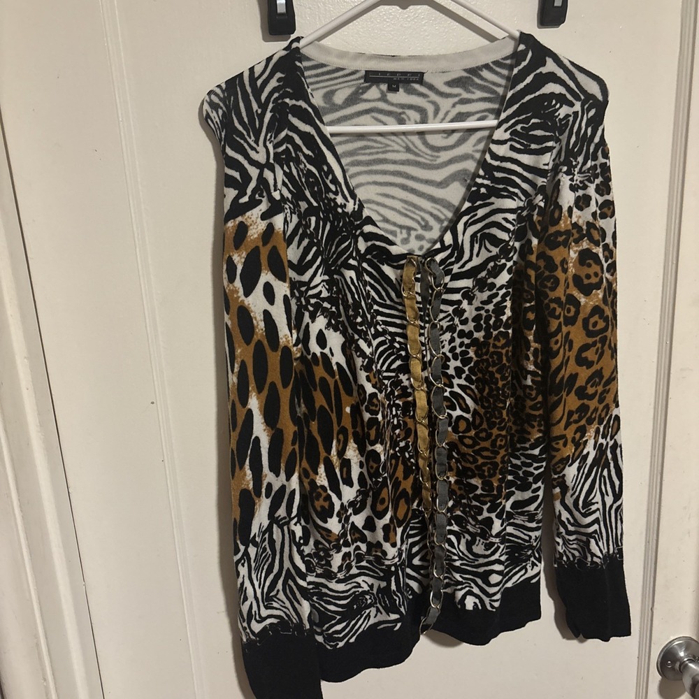 Pierri New York Womens Belted V-Neck Knit Sweater Size Medium in Animal Print